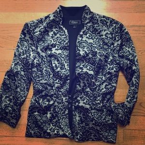 Satin jacket and shell set, lace print